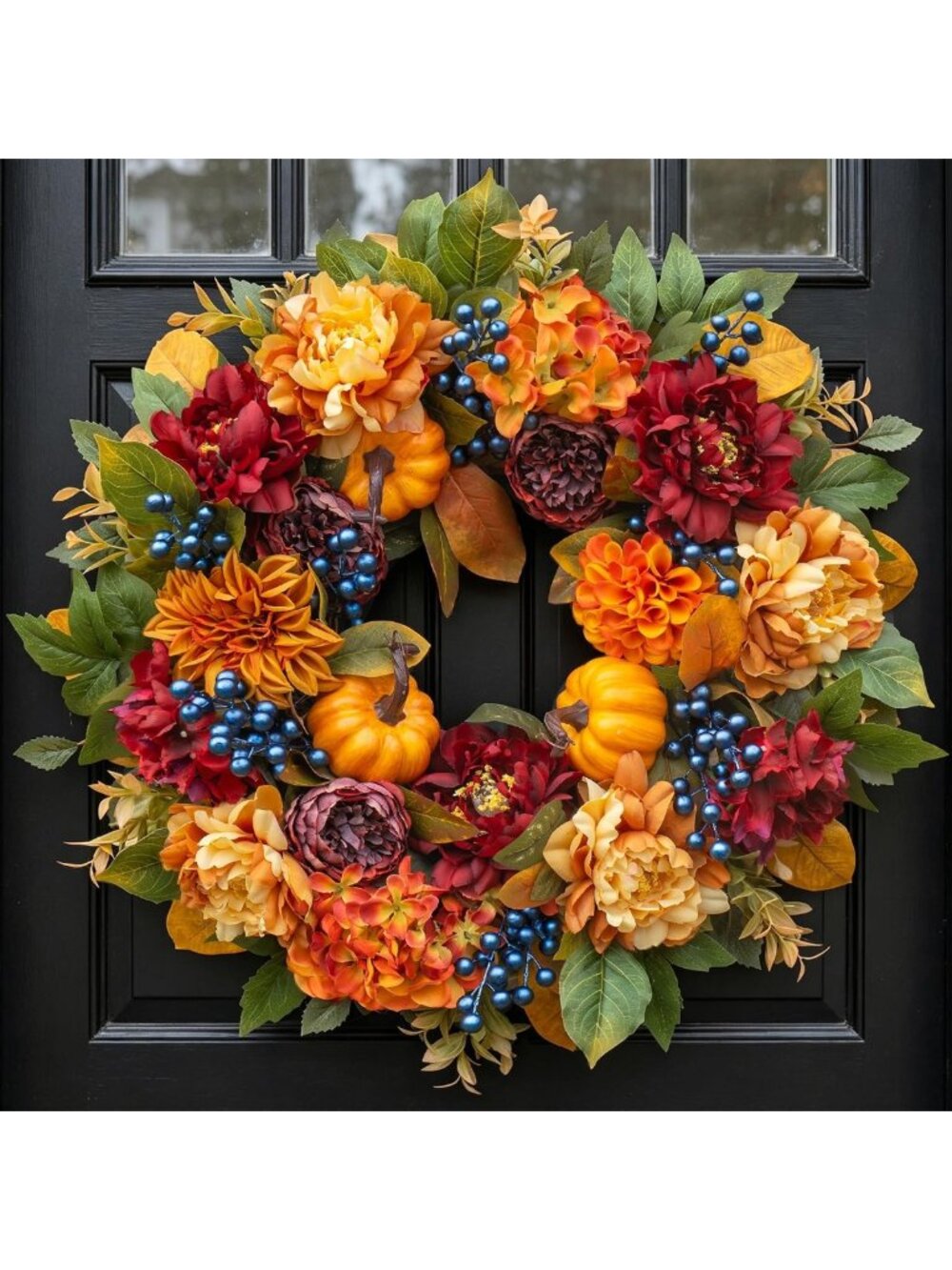 24-Inch Fall Wreath with Hydrangea, Peony & Pumpkin for Front Door Decor